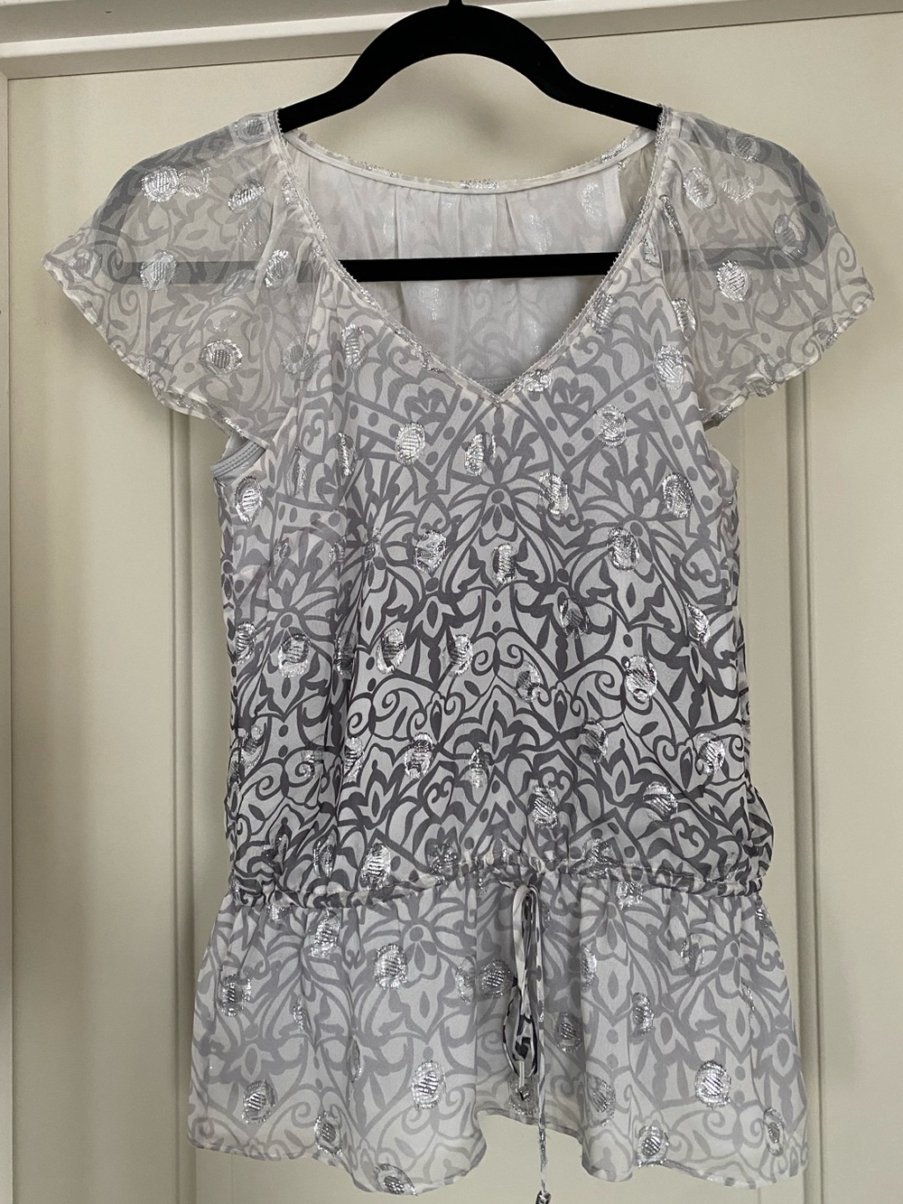 White House Black Market Silver Sheer Patterned Chemise